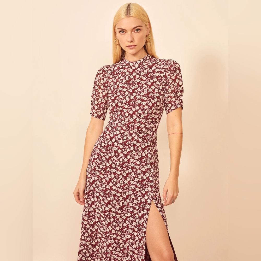 Reformation Burgundy Floral Midi Dress with Side Slit
